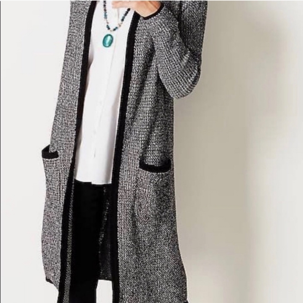 J.JILL Wearever Collection Black Knit Textured Tweed Long Duster Cardigan Sz M